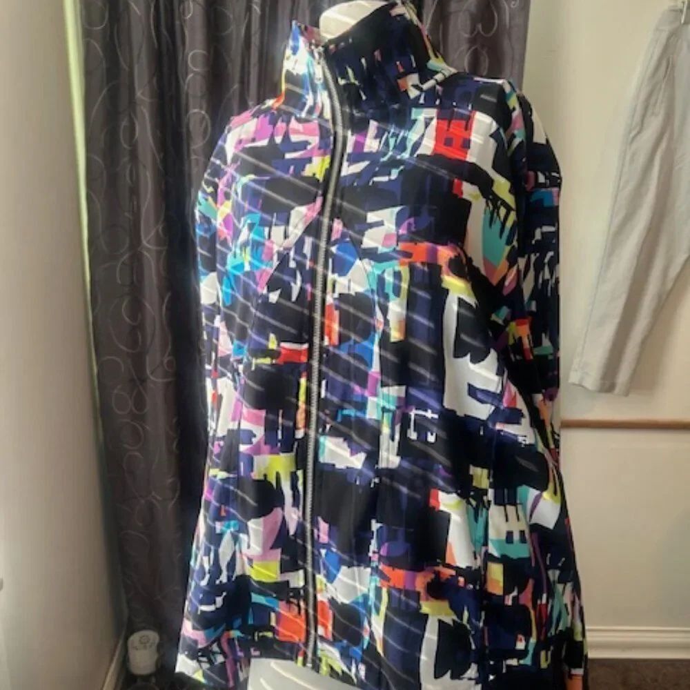 Erin London multi-color abstract print front zip light weight jacket, size 2X